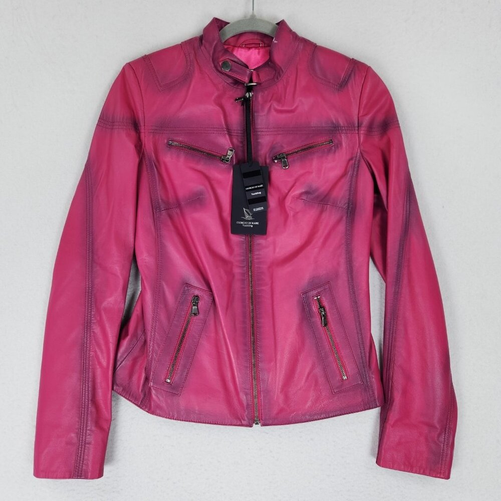 Giorgio Di Mare Jacket Womens Large Pink Fuchsia Leather Yachting Full Zip NEW